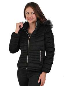 Chamarra Abrigo Negro Tercio Pelo Para Dama Mujer con Gorro de Peluche Desmontable - Negro - Ver 3