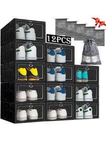 6 Cajas Organizadoras Apilables Para Zapatos+6 Bolsa-zapatos Set de 6 Cajas Organizadoras de Zapatos Apilables - Mueble para Zapatos, Hogar, Cajas de Plástico, Mueble, Organizador de Plástico, Muebles para Ropa y Organizador Cajones, Ideal para Ahorrar Espacio - Negro - Ver 5