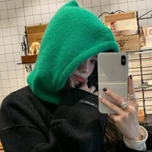 1件女士圣诞绿色抽绳仿领拉法帽，户外滑雪保暖针织面颈防护连帽斗篷，适合冬季防寒，颜色和款式随机发货，作为圣诞礼物 - 綠色 - 查看 7