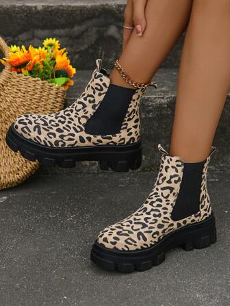 女士新款时尚一脚蹬厚底坡跟靴，豹纹，舒适一脚蹬圆头切尔西踝靴