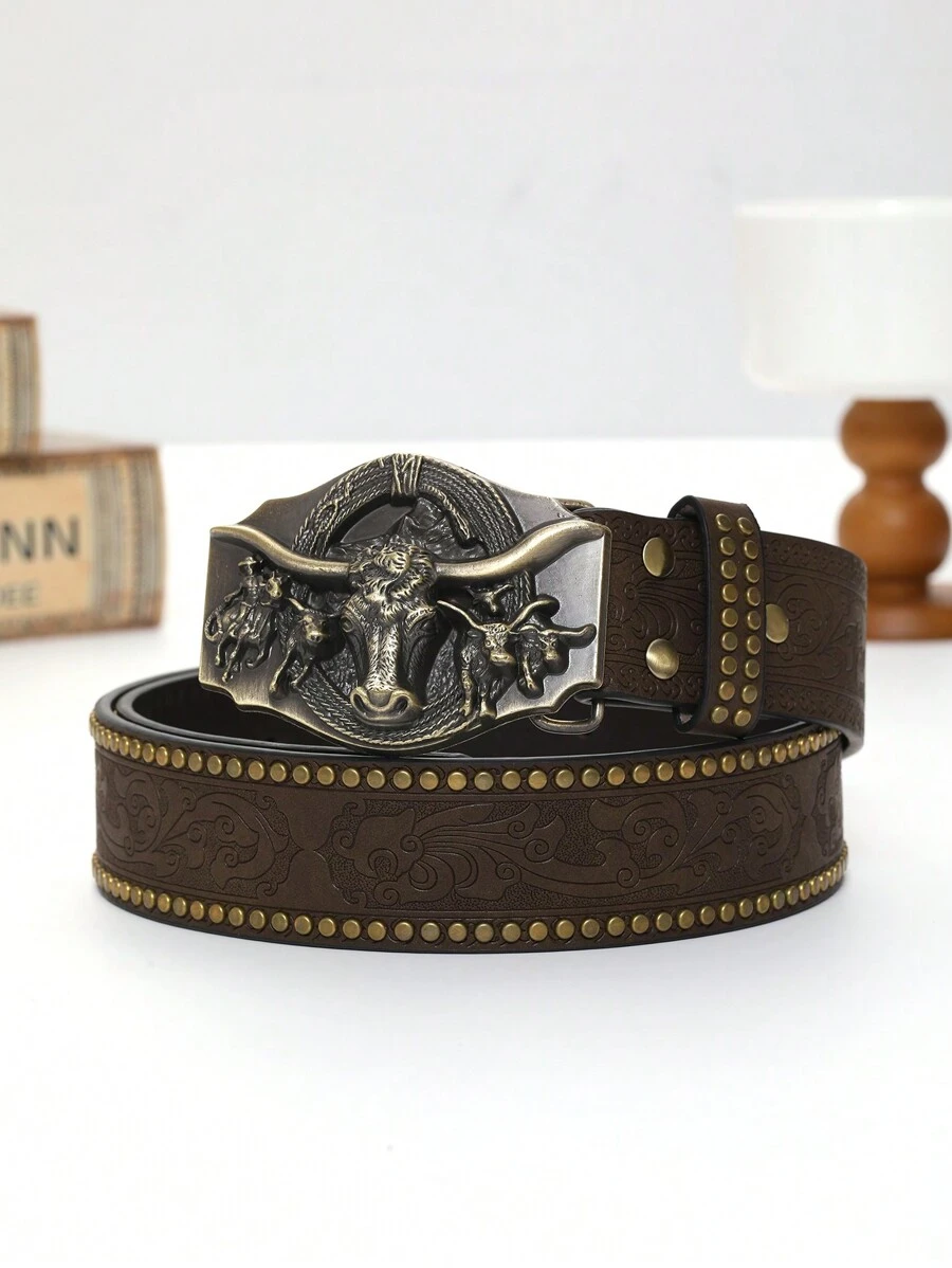 Đồ cổ Bronze Khóa Với Dát Hạt Con bò Đầu Thiết kế Retro Nâu Cowboy Thắt lưng - Cà phê nâu - Xem 1