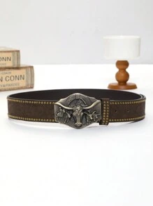 Đồ cổ Bronze Khóa Với Dát Hạt Con bò Đầu Thiết kế Retro Nâu Cowboy Thắt lưng - Cà phê nâu - Xem 4