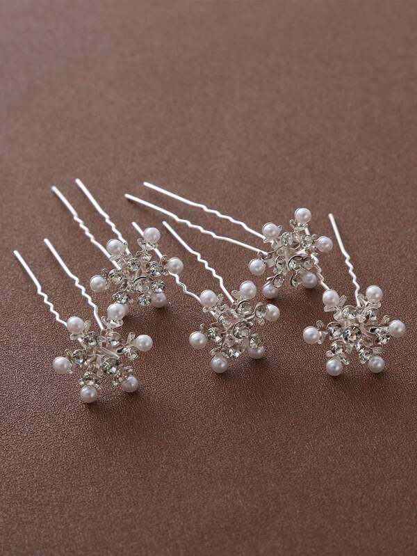 5 piezas Horquillas con forma de U para mujeres con diseño de copo de nieve decorado con perlas y diamantes de imitación, adecuado para ocasiones diarias y especiales, accesorios elegantes para bodas y temporada de regreso a clases