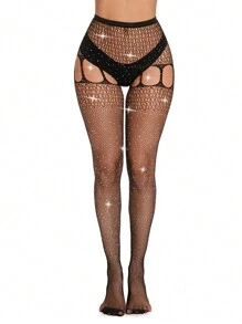1pair Jacquard Tights With Rhinestone Embellishment For Women (excluding Panties) - Black - View 1