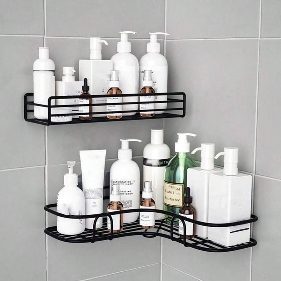 1pc Punch-free Bathroom Triangular Storage Rack Wall-mounted Toilet Shower Room Washstand Double-layer Basket - Black - View 1