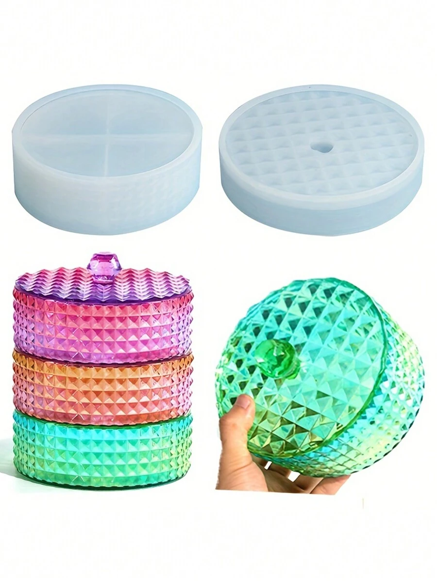 Crystal Glass Round Stackable Storage Box With Lid, Set Of Silicone Storage Boxes, With Lid Jewelry Storage Box, Silicone Molds Round Container For Resin Casting Candlestick Diy Resin Craft Home Decoration - Crystal glass round stacked high storage box (bottom + cover) + pearl cotton - View 1
