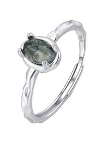 优雅 S925 银绿色苔藓玛瑙天然石纹理颜色不对称戒指，绿色宝石女士戒指 - 彩色 - 查看 5