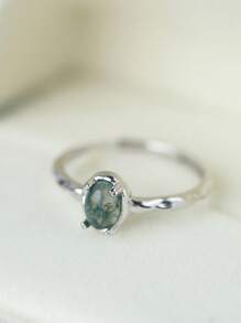 优雅 S925 银绿色苔藓玛瑙天然石纹理颜色不对称戒指，绿色宝石女士戒指 - 彩色 - 查看 3