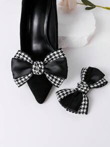 1pair Black & White Houndstooth Check Splicing Bowknot Shoe Clip, Suitable For Both High Heels And Flats, Women's Casual Style