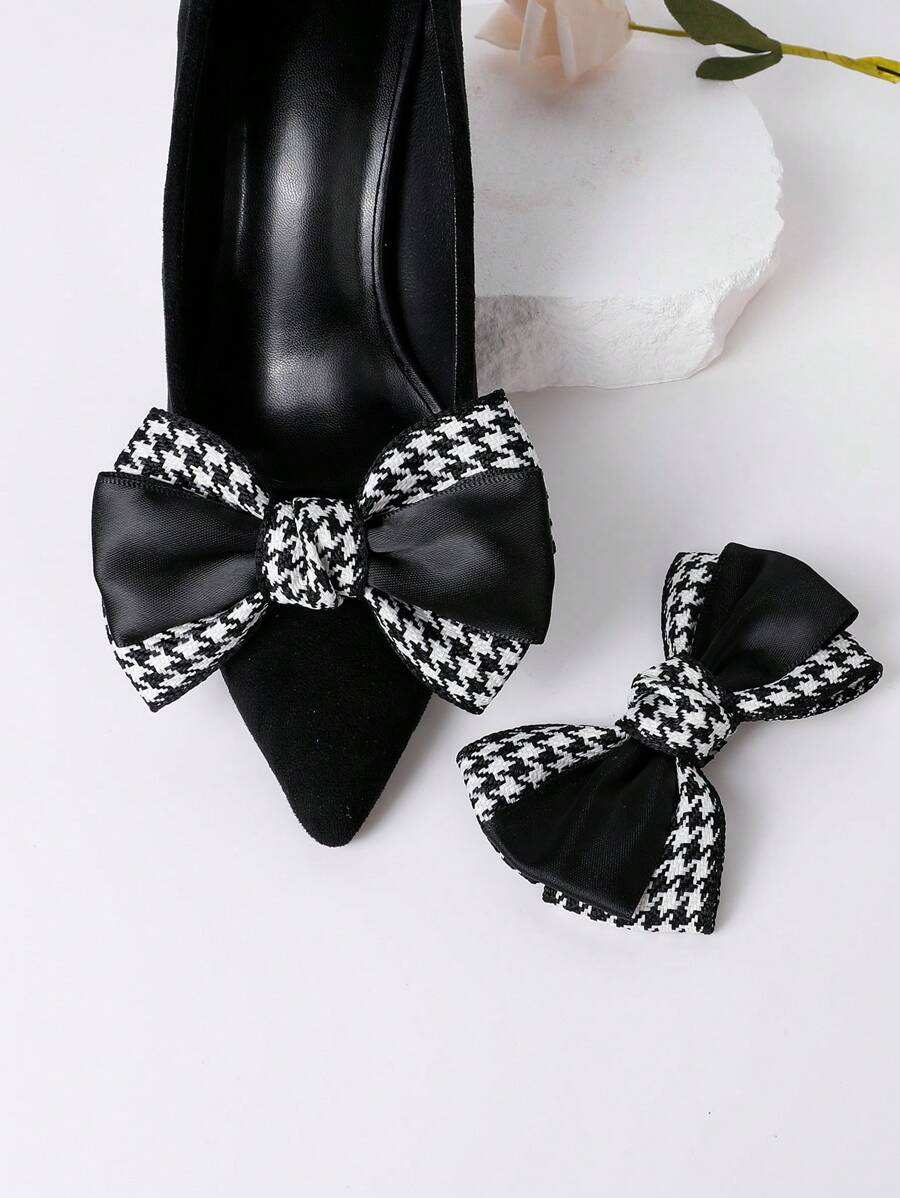 1pair Black & White Houndstooth Check Splicing Bowknot Shoe Clip, Suitable For Both High Heels And Flats, Women's Casual Style