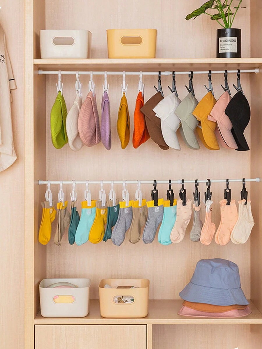 5入組多功能衣櫥夾,適用於防風衣物/帽子/襪子/毛巾/窗簾/手套收納,並附有旋轉掛鉤 - 白色 - 查看 1