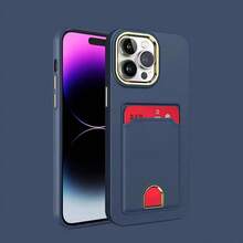 適用於iPhone 15Pro Max電鍍鏡頭環卡插式手機殼，適用於iPhone 14 15Plus 13 12 11Pro Max，奢華皮膚友好型全包式防摔保護套，純色卡包 - 米色 - 查看 9