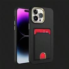 適用於iPhone 15Pro Max電鍍鏡頭環卡插式手機殼，適用於iPhone 14 15Plus 13 12 11Pro Max，奢華皮膚友好型全包式防摔保護套，純色卡包 - 米色 - 查看 8