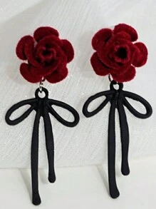 Hoa tai phong cách Trung Hoa hình hoa hồng và nơ 3d bằng bạc 925 màu đỏ rượu vang cổ điển cho ngày lễ tình nhân, mẹ, mẹ, ngày của mẹ, quà tặng - Màu Đỏ Sâu - Xem 4