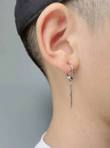 1pc Men's Stainless Steel Circle Earring Feather Dangle Earring For Street-style & Retro Look - Silver - View 3