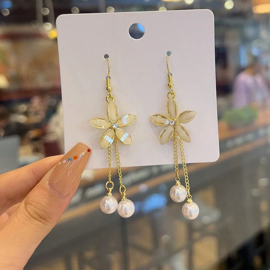 時尚人造珍珠長流蘇花形耳環，女士派對飾品