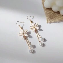 時尚人造珍珠長流蘇花形耳環，女士派對飾品