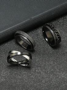 3入組黑色雙環設計戒指 - 黑色 - 查看 1