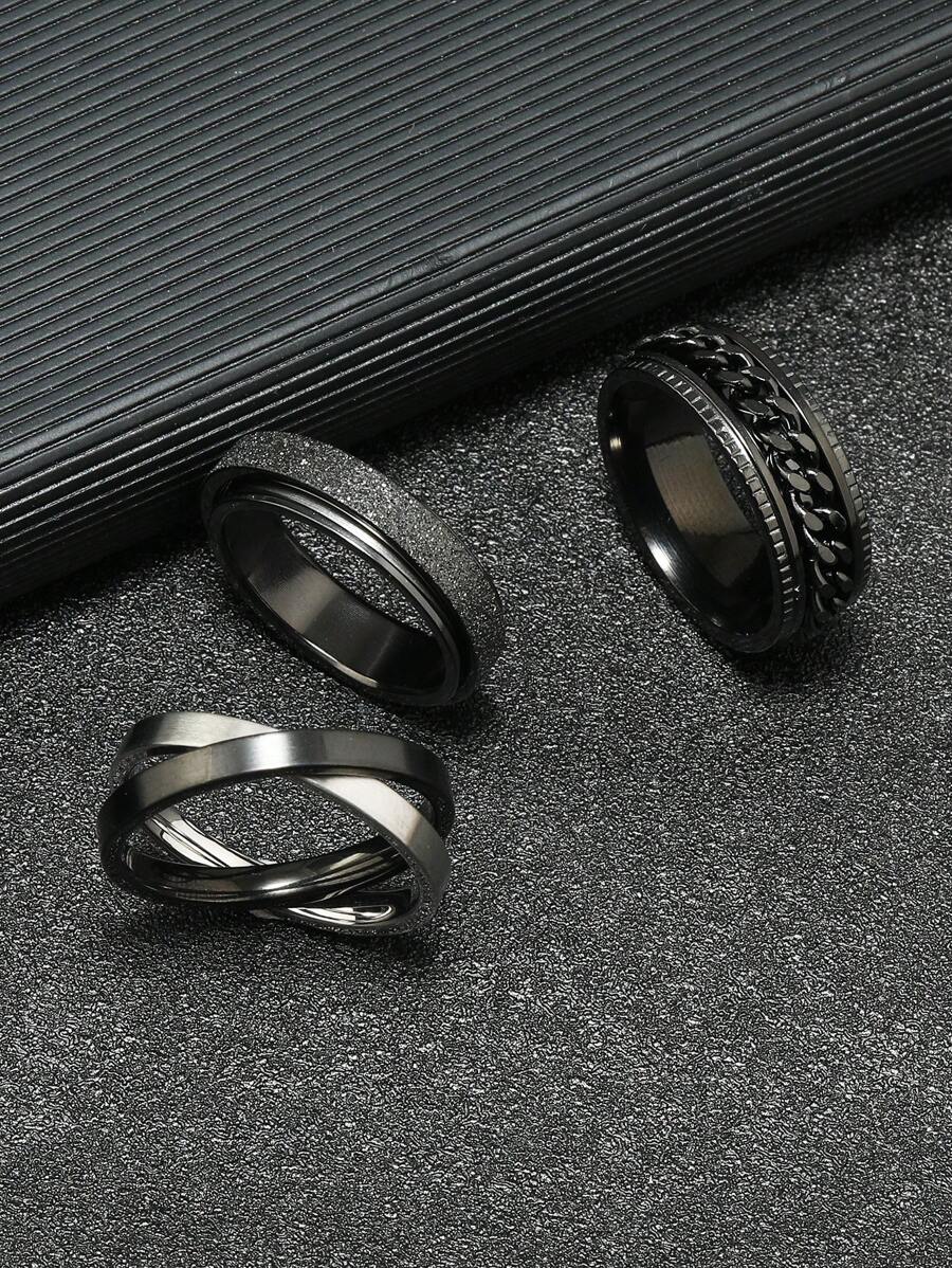 3入組黑色雙環設計戒指 - 黑色 - 查看 1