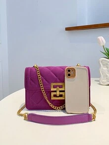 時尚拼接門襟肩背包,金屬鏈條肩帶 - 紫色 - 查看 4