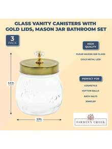 JUVALE Glass Vanity Canisters with Gold Lids, Mason Jar Bathroom Set (3 Pack) - Gold - View 2