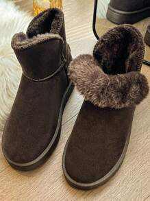 女士冬季保暖毛絨雪靴,圓頭高筒短靴,時尚情侶風格,橡膠厚底易穿脫