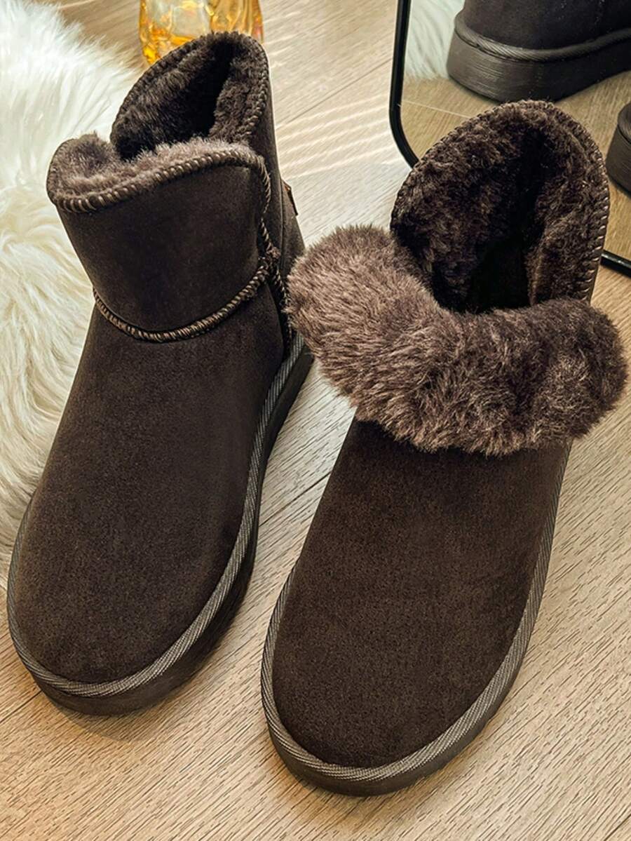 女士冬季保暖毛絨雪靴,圓頭高筒短靴,時尚情侶風格,橡膠厚底易穿脫