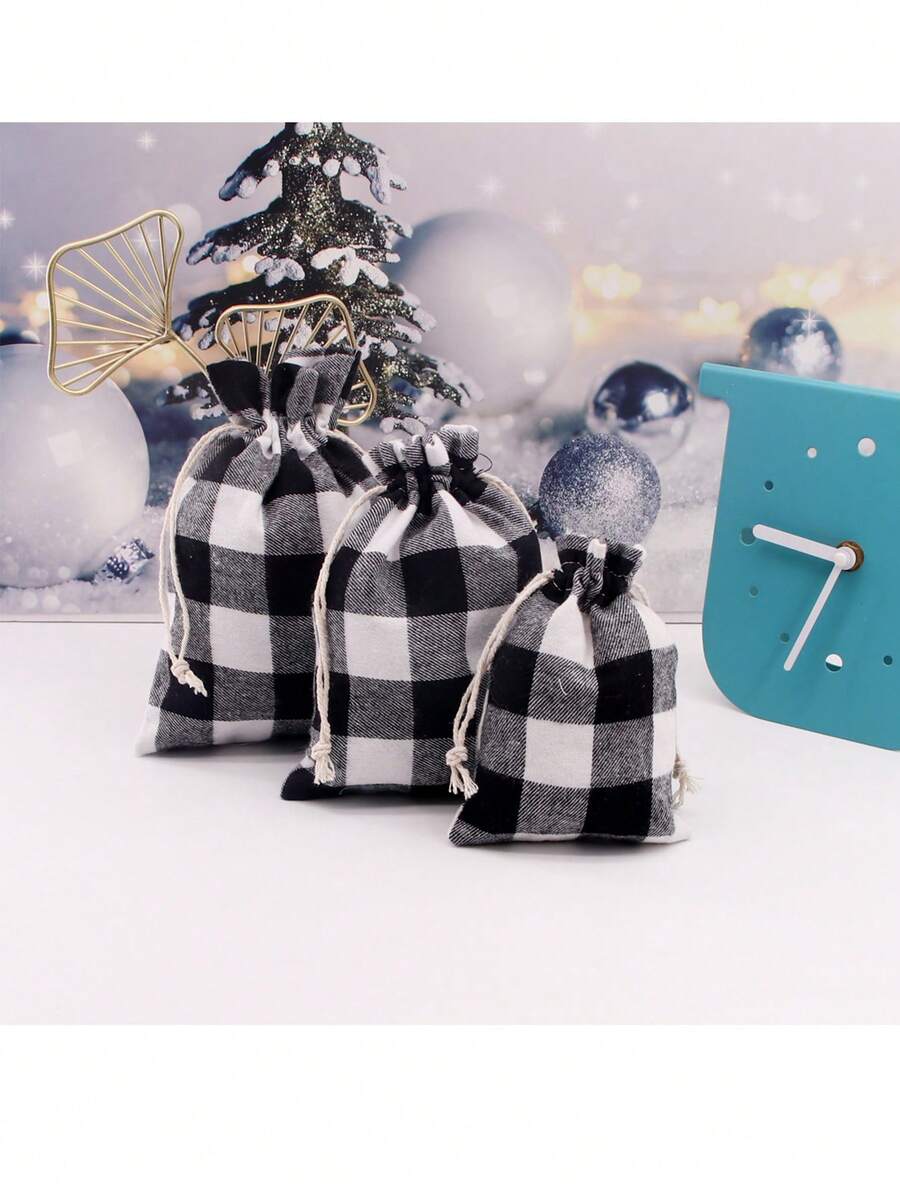 2入組聖誕格子帶拉繩糖果珠寶禮物包裝袋,共3種尺寸 - 黑色 - 查看 1
