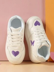 Girls' Purple Lightweight Waterproof Flat Sports Shoes With Heart & Butterfly Embroidery Design, Suitable For All Seasons