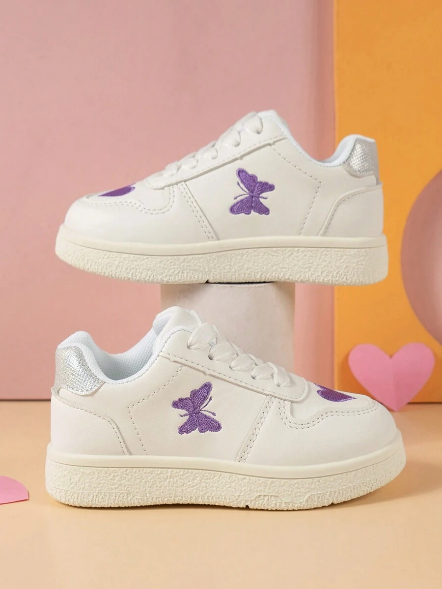 Girls' Purple Lightweight Waterproof Flat Sports Shoes With Heart & Butterfly Embroidery Design, Suitable For All Seasons