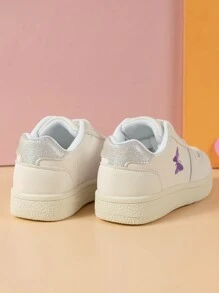 Girls' Purple Lightweight Waterproof Flat Sports Shoes With Heart & Butterfly Embroidery Design, Suitable For All Seasons