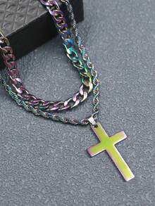 1pc Twisted Dual-layer Stainless Steel Cross Pendant Necklace For Men - 双层 - View 3