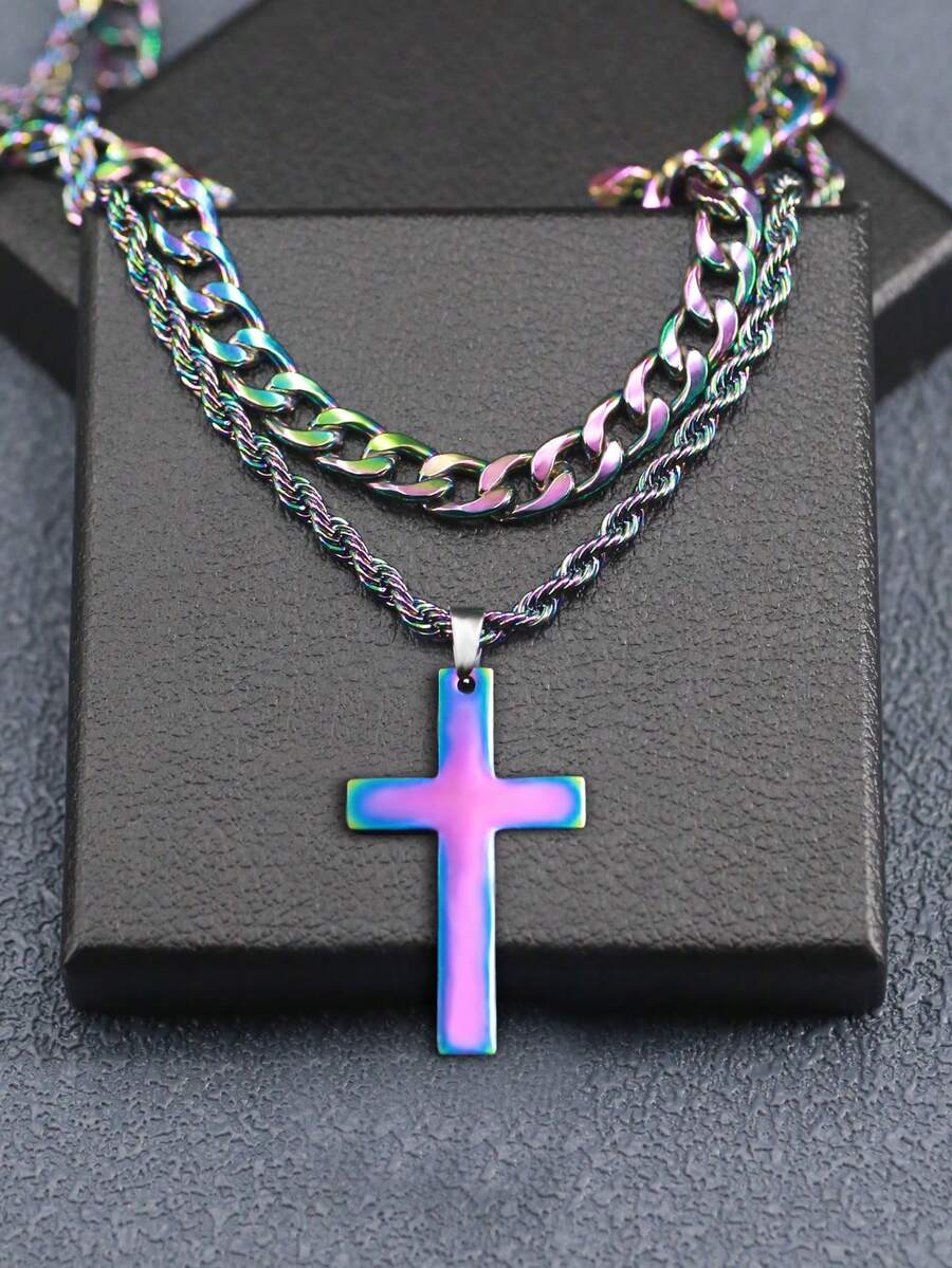 1pc Twisted Dual-layer Stainless Steel Cross Pendant Necklace For Men - 双层 - View 1