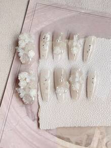 极简主义性感风格新娘美甲 - 10 件长法式假指甲，带 3d 蝴蝶、山茶花、仿珍珠和水钻设计，适合派对、婚礼、日常佩戴 - 白色 - 查看 5