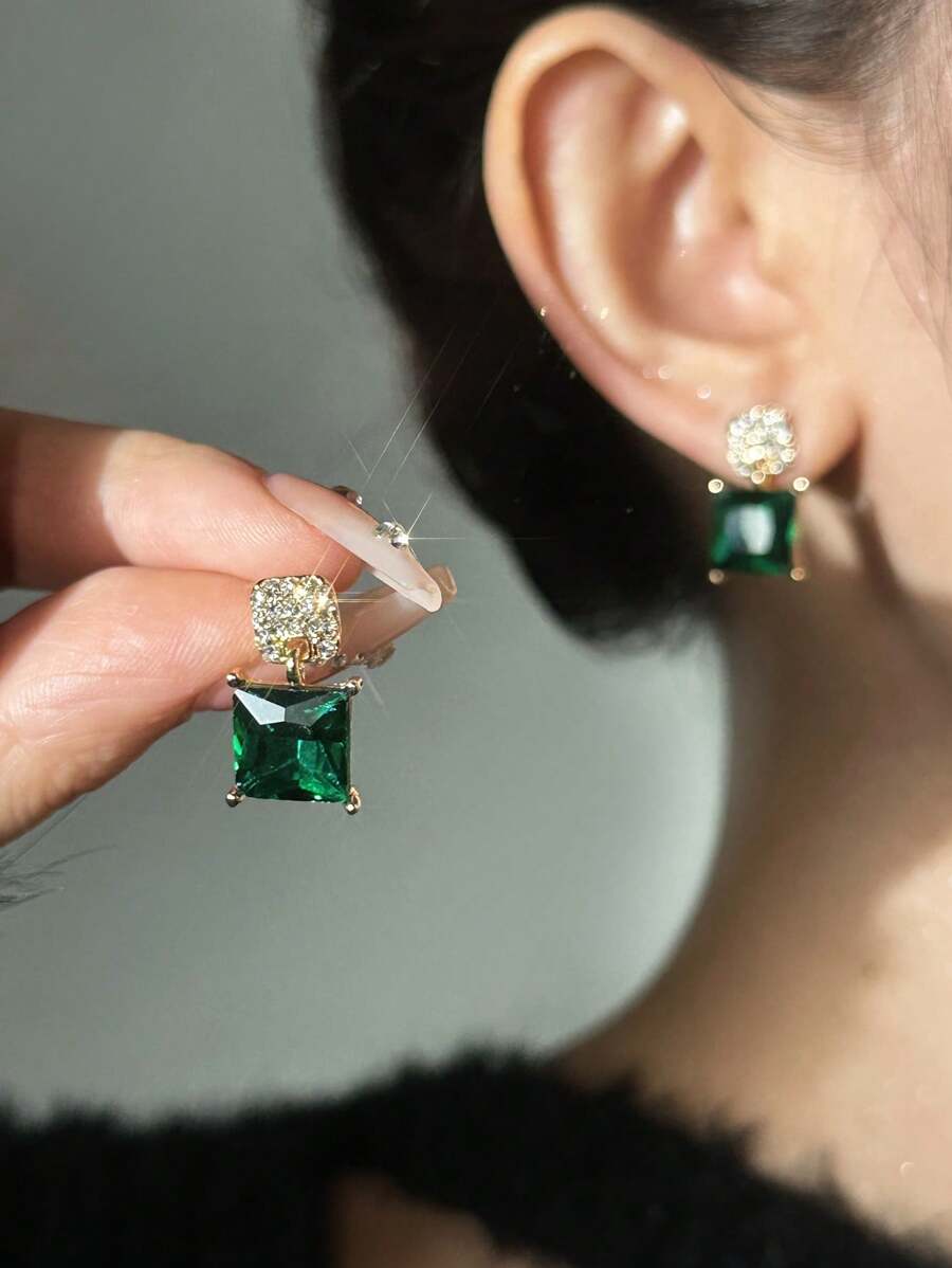 Andkiss 1pair Rhinestone Inlaid Green Square Crystal Stud Earrings - Multicolor - View 1