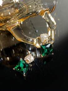 Andkiss 1pair Rhinestone Inlaid Green Square Crystal Stud Earrings - Multicolor - View 3