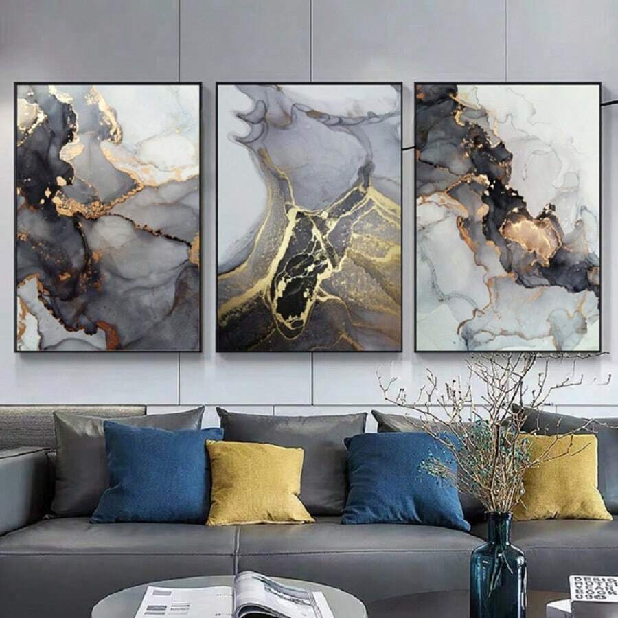 YIKES 3入組大理石紋理抽象海報,金黑色藝術掛畫,現代風格裝飾海報