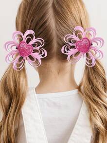 2入組桃紅色心形和毛球花設計嬰幼兒髮夾