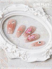 GIRL PLUS Girlplus 10個手工製作的長棺形假指甲,水晶蝴蝶指甲設計,時尚的指甲套裝,適合女性和女孩日常穿着