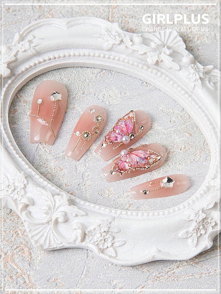 GIRL PLUS Girlplus 10個手工製作的長棺形假指甲,水晶蝴蝶指甲設計,時尚的指甲套裝,適合女性和女孩日常穿着