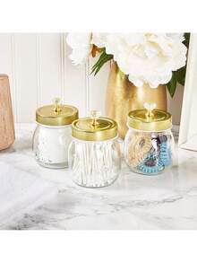 JUVALE Glass Vanity Canisters with Gold Lids, Mason Jar Bathroom Set (3 Pack) - Gold - View 3