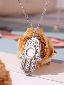 1pc Stainless Steel Hamsa Hand Pendant Necklace For Women - Silver - View 2