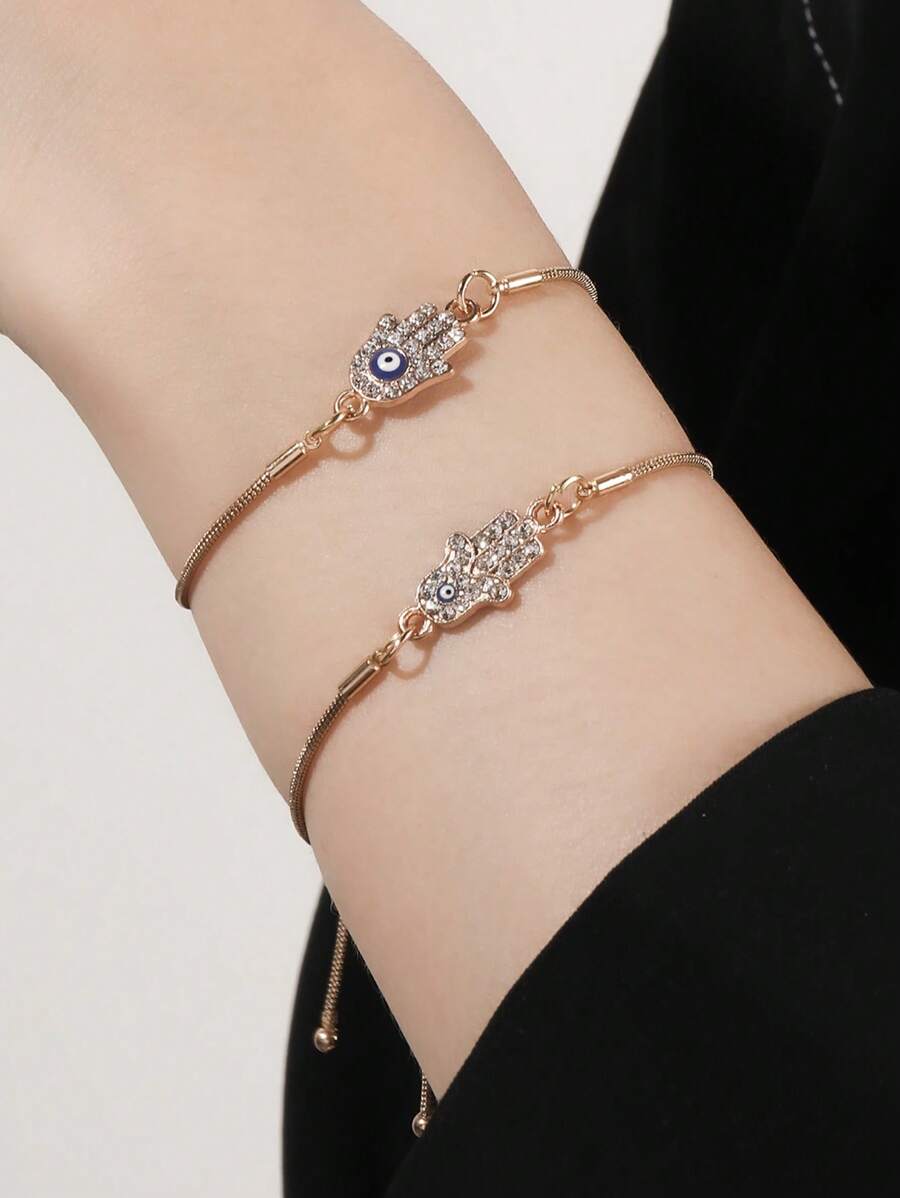 2pcs/set European & American Style Alloy Evil Eye Hamsa Hand With Rhinestone Decoration Snake Chain Bracelet For Women Daily Wear - Yellow Gold - View 1