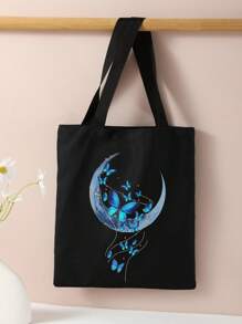 Borsa a tracolla stampata con motivo a farfalla e luna, borsa casual da viaggio per la spiaggia, grande capacità, riutilizzabile, borsa a tracolla casual da donna, borsa di tela per la spesa, borsa da donna con stampa, borsa a tracolla da donna alla moda con motivo a farfalla