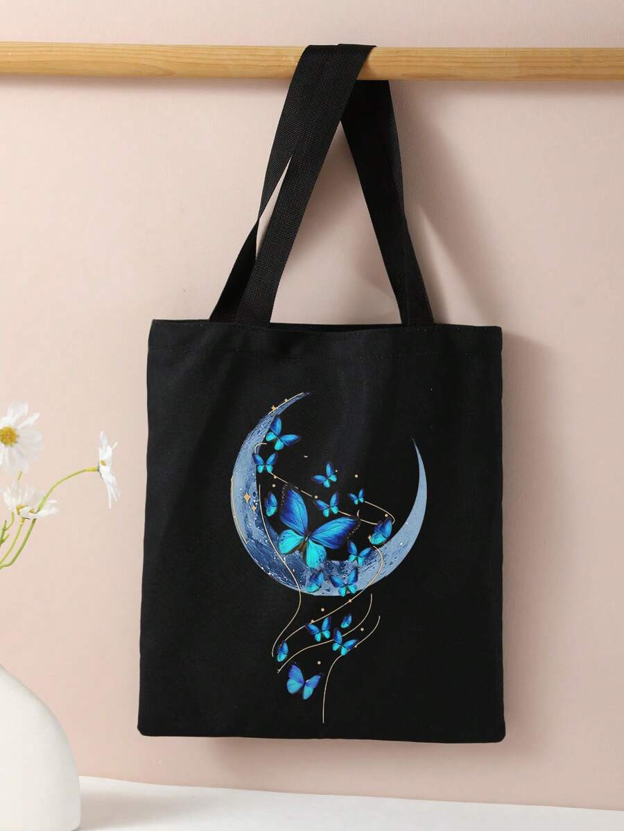 Borsa a tracolla stampata con motivo a farfalla e luna, borsa casual da viaggio per la spiaggia, grande capacità, riutilizzabile, borsa a tracolla casual da donna, borsa di tela per la spesa, borsa da donna con stampa, borsa a tracolla da donna alla moda con motivo a farfalla