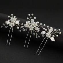 Juego de 3 horquillas de pelo de novia con flores y hojas plateadas, adornos para el cabello nupciales de diamantes de imitación y accesorios para el pelo elegantes para mujeres y niñas, tiaras boho - Plateado - Ver 2
