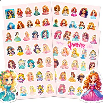 100张/包可爱卡通公主贴纸，适合儿童DIY；4张防水可爱贴纸，可用于水瓶、笔记本电脑、手机、剪贴簿；乙烯基卡通贴纸，适合青少年和成人；开学季