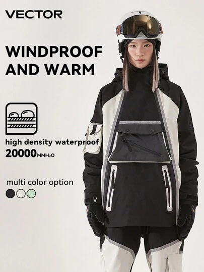VECTOR MOTION Detachable Double Zipper Hooded Ski Jacket, Unisex, Reflective Strip, Night Skiing, Thickened, Waterproof, Windproof, Warm And Breathable, Suitable For Alpine Skiing And Snowboarding Gear Winter Sports