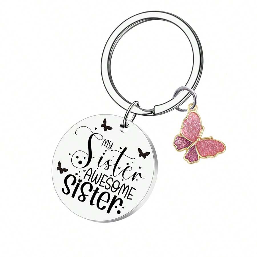 1入組女士粉色蝴蝶迷人吊飾吊墜帶格言,“我的姐姐很棒”姐妹蝴蝶心形紋刻圓形不銹鋼吊墜鑰匙扣可愛時尚汽車鑰匙扣鑰匙鍊錢包吊飾姐姐生日感恩節聖誕新年禮物 - 粉色 - 查看 1
