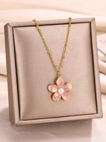 1條時尚金色不鏽鋼鏈,設有粉色花朵和珍珠,非常適合作為女士婚禮首飾禮物